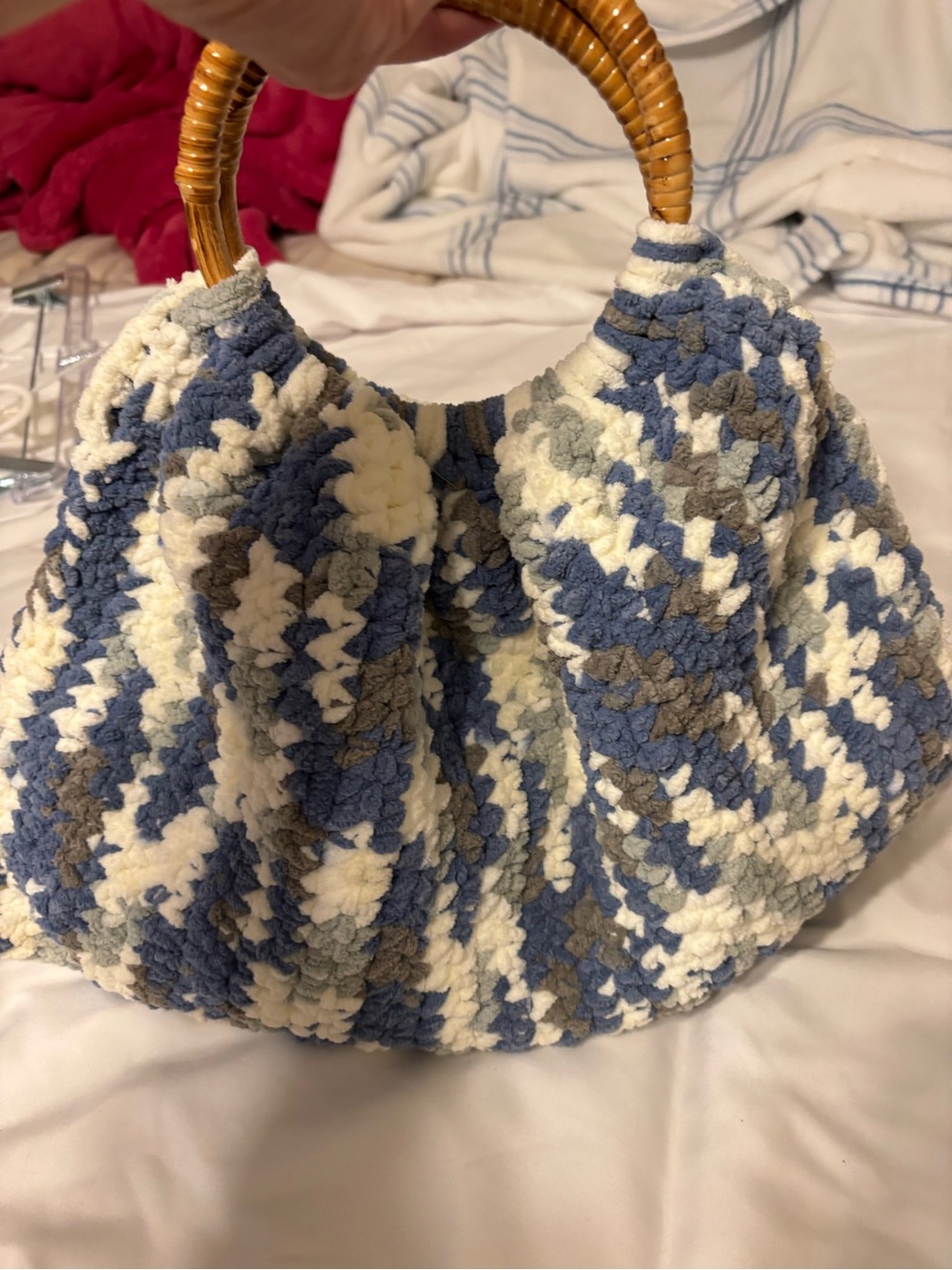 Handmade Crochet Chenille Handbag Blue White Bamboo Handle Boho Purse - Picture 5 of 5